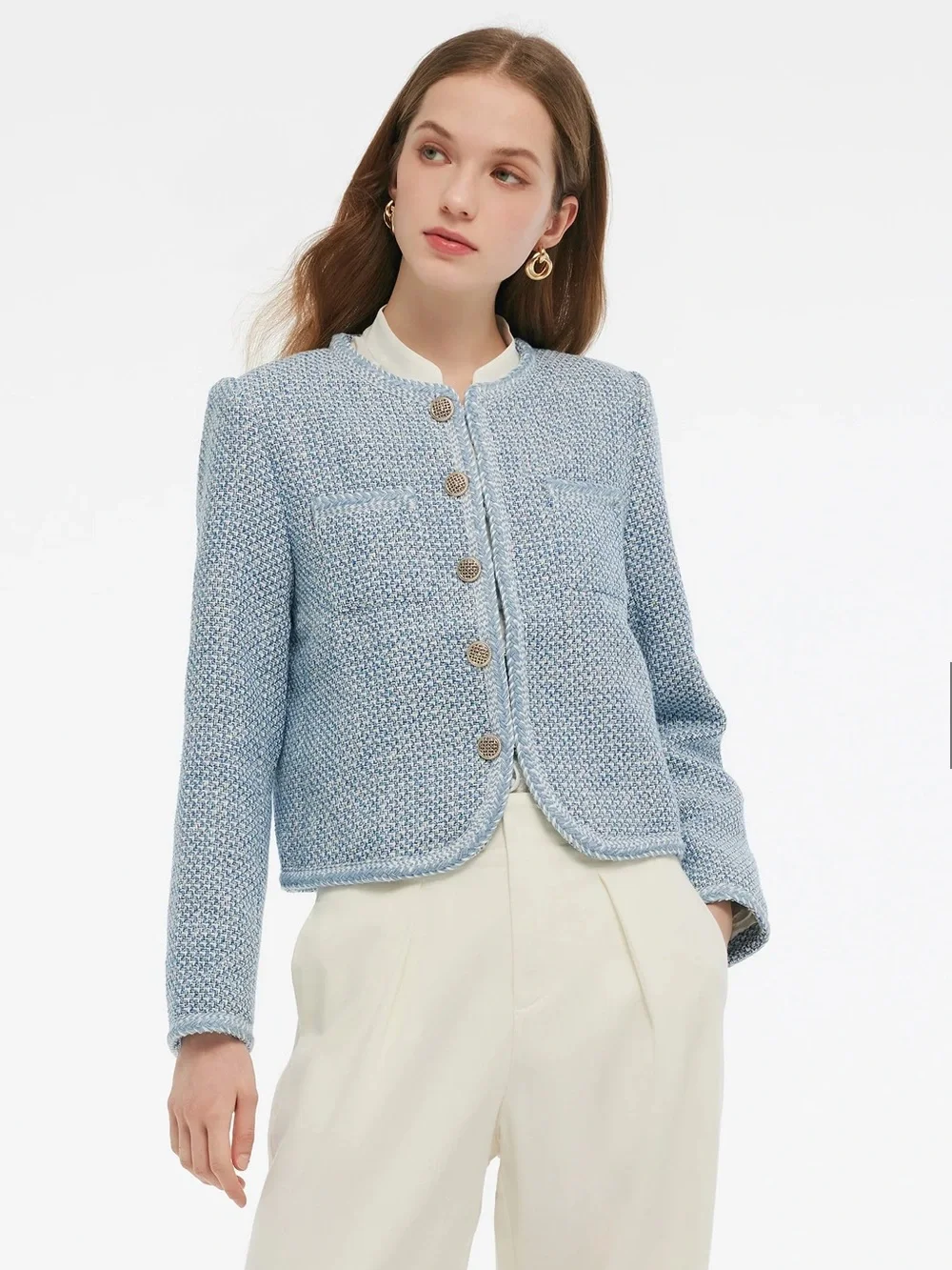 GOELIA Blue White Jacquard Tweed Jacket Sz XL Gold Button Cropped Bouclé Blazer - Picture 7 of 16
